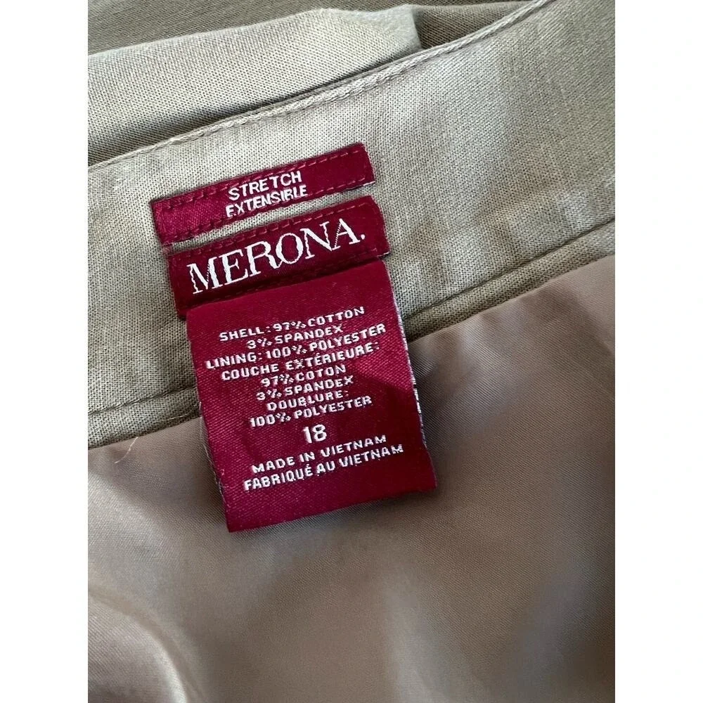 Merona Stretch Straight Tan MIDI Pencil‎ Back Zip Pockets Lined Skirt Size 18